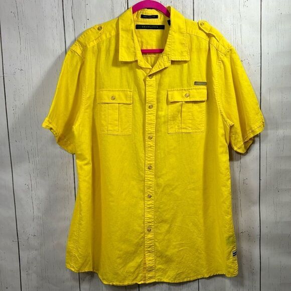 Sean John Shirt Mens Yellow Linen Blend Short Sleeve Logo Pocket Button Casual - Picture 5 of 13